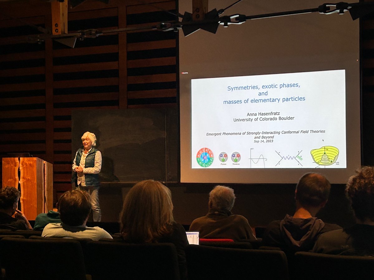 MKMontheLattice's tweet photo. As a culmination of a workshop on symmetric mass generation & more
@AspenPhysics center, Anna Hassenfratz
@CUBoulder @PhysicsColorado
giving a colloquium on "Symmetries, Exotic Phases, and Masses of Elementary Particles“ #physics #Higgs #qcd #strongcoupling #massgeneration https://t.co/jDhLNywtw8