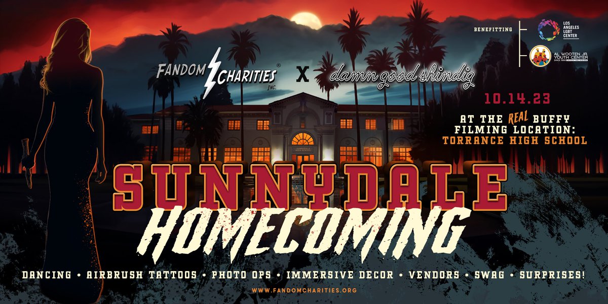 Hellmouth Events / HellmouthCon (@hellmouthevents) on Twitter photo Our pop-up #Sunnydale Homecoming event is one month away!
Grab your ticket today and get a free #Buffy Swag Bag when you arrive!
cutt.ly/homecoming
This event is raising funds for <a href="/LALGBTCenter/">Los Angeles LGBT Center</a> and <a href="/wootencenter/">Al Wooten Jr. Youth Center</a>
#btvs #geekyLA #popup #slayer #homecoming #charityevent Our pop-up #Sunnydale Homecoming event is one month away!
Grab your ticket today and get a free #Buffy Swag Bag when you arrive!
cutt.ly/homecoming
This event is raising funds for <a href="/LALGBTCenter/">Los Angeles LGBT Center</a> and <a href="/wootencenter/">Al Wooten Jr. Youth Center</a>
#btvs #geekyLA #popup #slayer #homecoming #charityevent