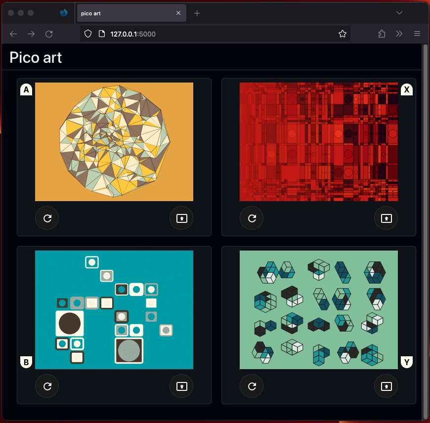 GaryHomewood's tweet photo. Four buttons of generative art on a Pico lovely screen from @pimoroni #p5js #generativeart https://t.co/dXtFVnDaxk
