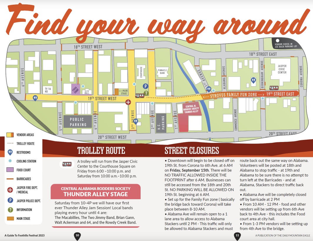 Want to know where the stage will be, or the Synovus Family Fun Zone, or the Thunder Alley Jam &amp; Car Show? Here's your map! Pick one up at the  <a href="/DailyMtEagle/">Daily Mountain Eagle</a> booth or use the link in our Insta bio for the e-version. #foothillsfestival2023 #gettingaroundjasper