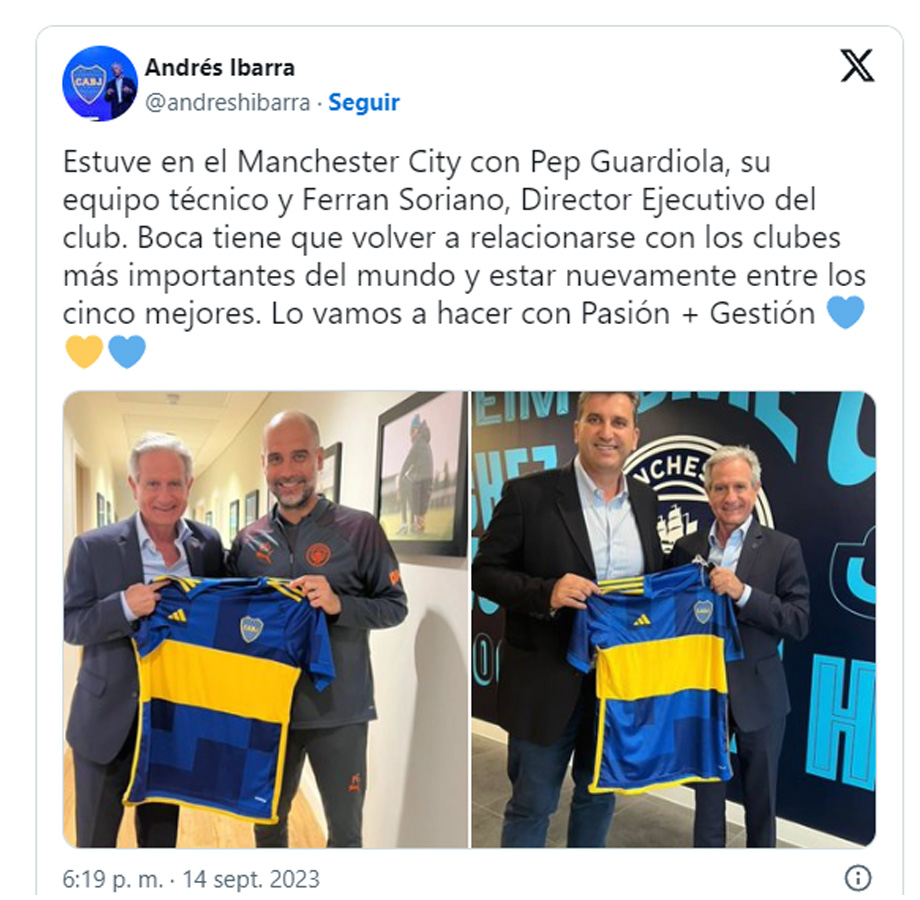 Pep Guardiola recibió una camiseta de Boca por parte de Andrés Ibarra, candidato a presidente de Boca.