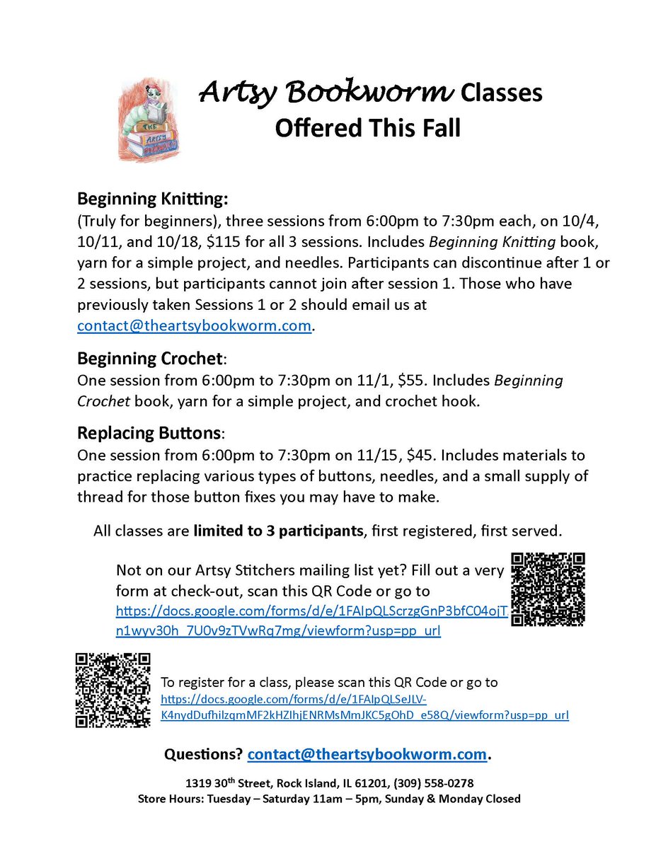 bookwormqc's tweet photo. Yes, back by popular demand: There will be classes this fall. Take a look: 

#quadcities #qcthatswhere #tagtheqc #shopsmall #shoplocal https://t.co/7qL3g4ktVE