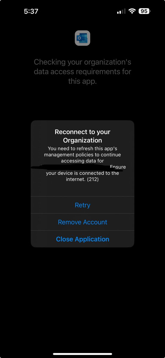 dandrago's tweet photo. @IntuneSuppTeam what’s going on with MAM lately? Last two days and we’ve been seeing this more. Today the apps are worthless, just stopped working. I have internet, same internet as yesterday, and I’m using the same device here to write this. ruled out firewall by using cellular. https://t.co/uXMjfstj6d
