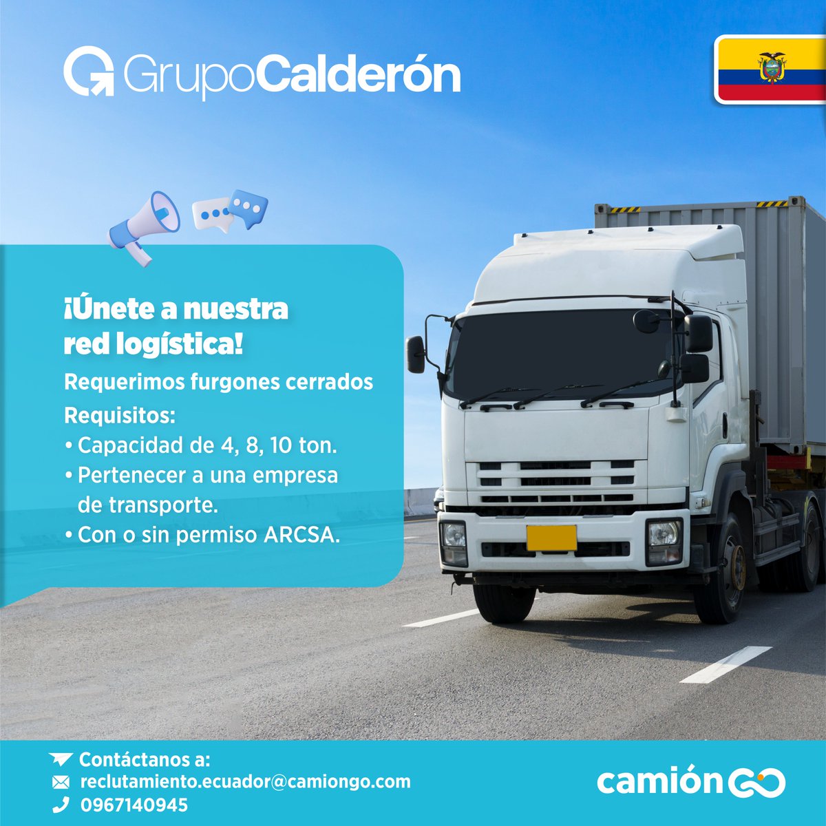 grupocalderonec's tweet photo. 🚨¡Atención! 🇪🇨👍
Únete a nuestra red logística, requerimos furgones cerrados.

Para más información, regístrate en este link
https://t.co/Q2APxkkItf

#camiongo #transportistas #logística #camion #furgonetas #caminos #transporte #reclutamientos #ruta https://t.co/kgXbgrddtb