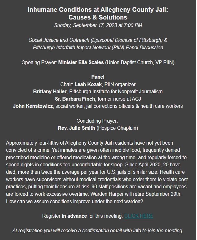 Join the Episcopal Diocese of Pittsburgh &amp; PIIN’s ACJ Action Group on Sunday evening for a special panel on the inhumane conditions at the Allegheny County Jail. Register here: us02web.zoom.us/meeting/regist…