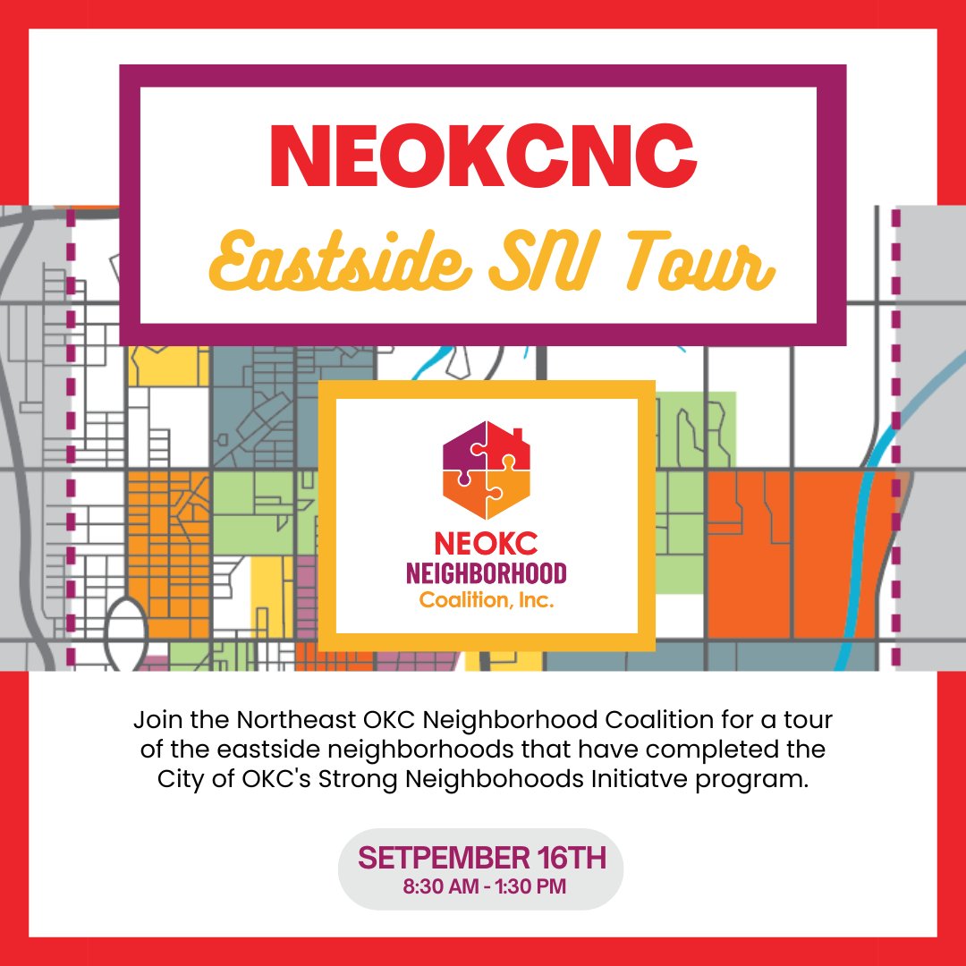 This Saturday (9/16) join the Northeast OKC Neighborhood Coalition for their tour of the eastside @okc_sni neighborhoods. Learn more and sign up! eventbrite.com/e/neokcnc-x-sn…