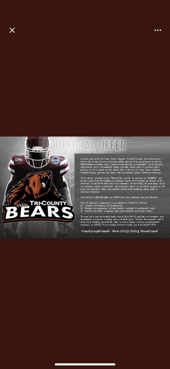 After a great conversation with <a href="/TriCountyNWU3/">Joseph Small</a> I am blessed to receive my first official offer from Tri-County Collegiate Bears
<a href="/HallTechSports1/">Hall-Tech Sports</a> <a href="/DownSouthFb1/">Down South</a> @Recruits_AL <a href="/AEexpo/">AVN Expo</a> #AG2G