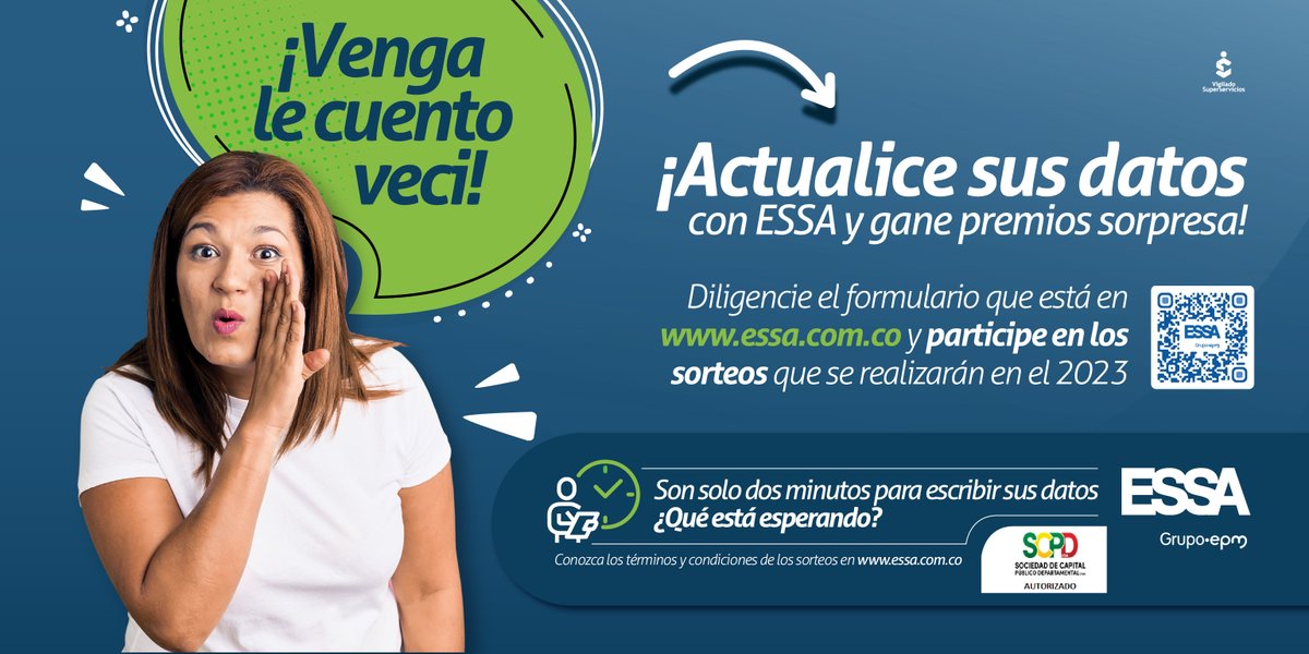 ESSAGrupoEPM's tweet photo. 🎁 ¿Veci, Veci, ya actualizó sus datos con ESSA? ▶️ Haga clic en este enlace: https://t.co/Dh7wVadxIk y actualícelos ¡No deje pasar esta oportunidad, puede ganar un lindo premio! 📝 https://t.co/kgn2Bdk6cG