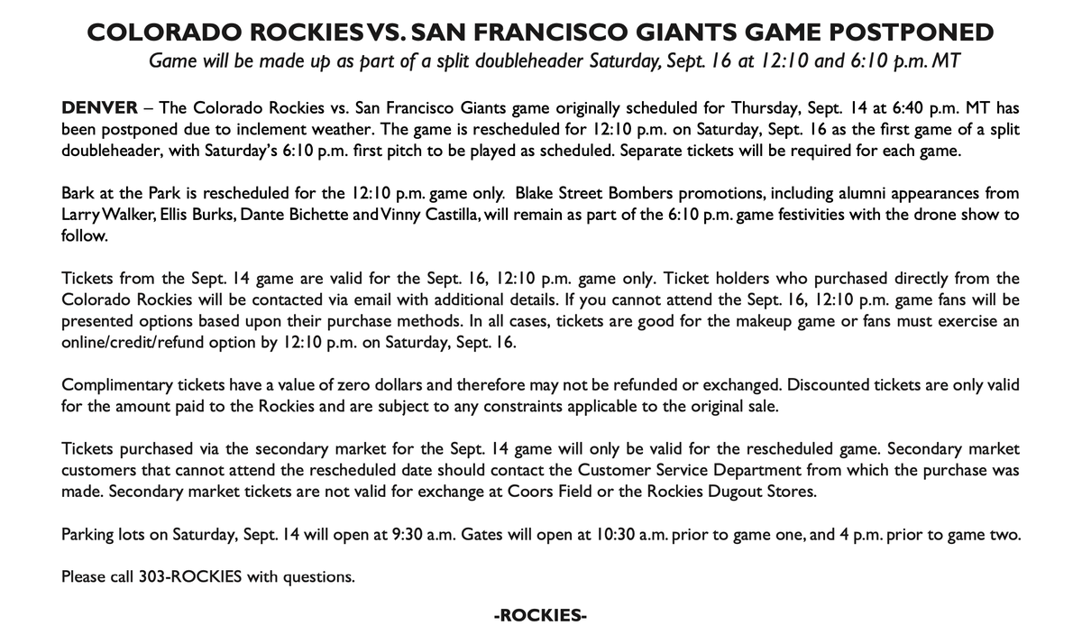 Rockies's tweet photo. Tonight's game has been postponed due to inclement weather https://t.co/myLcGcHrmW
