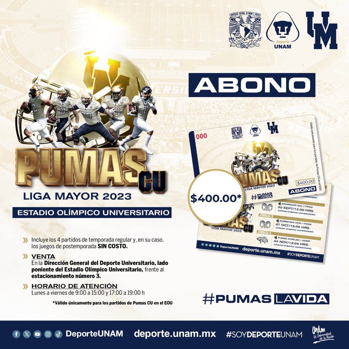 #PumasUNAM ✍🏻

¿Te gusta el futbol americano colegial?

⚠️ Atención a esta información ⚠️

Está a la 'vuelta de la esquina' el regreso del deporte de las tacleadas en nuestro país y el conjunto de #PumasUNAM te invita a conseguir tu abono auriazul.

- Aquí la información -

🏈😎