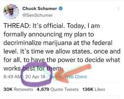 Radle's tweet photo. @SenSchumer How about the plant you said you'd legalize 5 years ago? Plant some #Cannabis, Senator. #SAFEBanking #LegalizeIt https://t.co/a2Rrs9BqDf