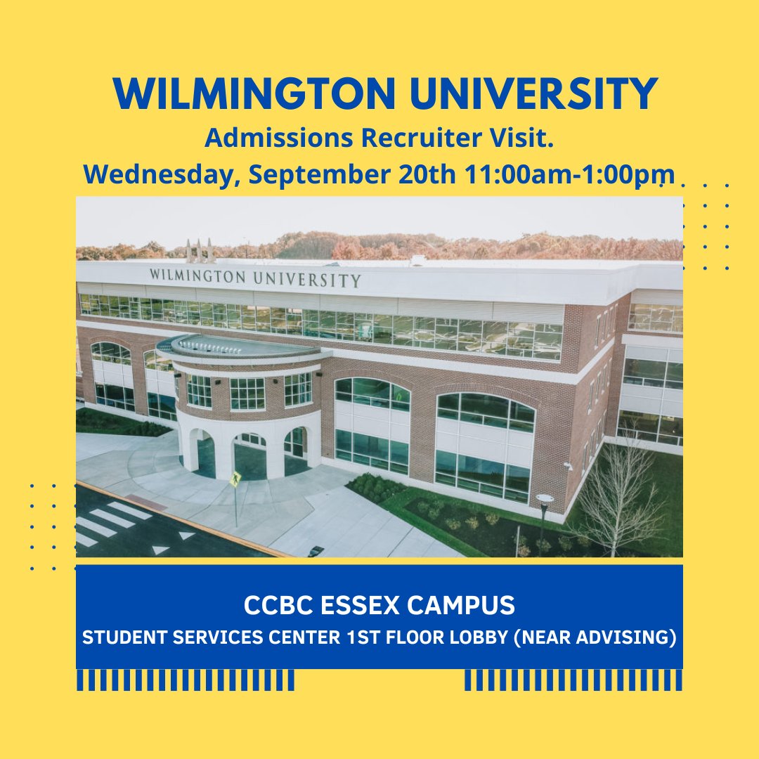 CCBCTransfer's tweet image. Wilmington University to visit CCBC Essex. Wednesday, September 20th 11am-1pm. Student Services Center. 1st floor lobby near Academic Advisement.