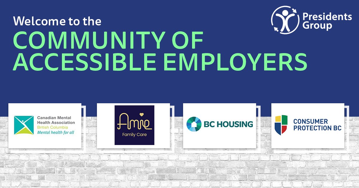 AccessEmployers's tweet photo. We're excited to welcome new organizations to our Community of Accessible Employers! Welcome @CMHABC, AMIE Family Care, @bc_housing, and Consumer Protection BC. 

Is your BC business an #accessible employer? Join us for resources, support, and community! https://t.co/b5LfbhE4MU https://t.co/IQGWUNWiD4