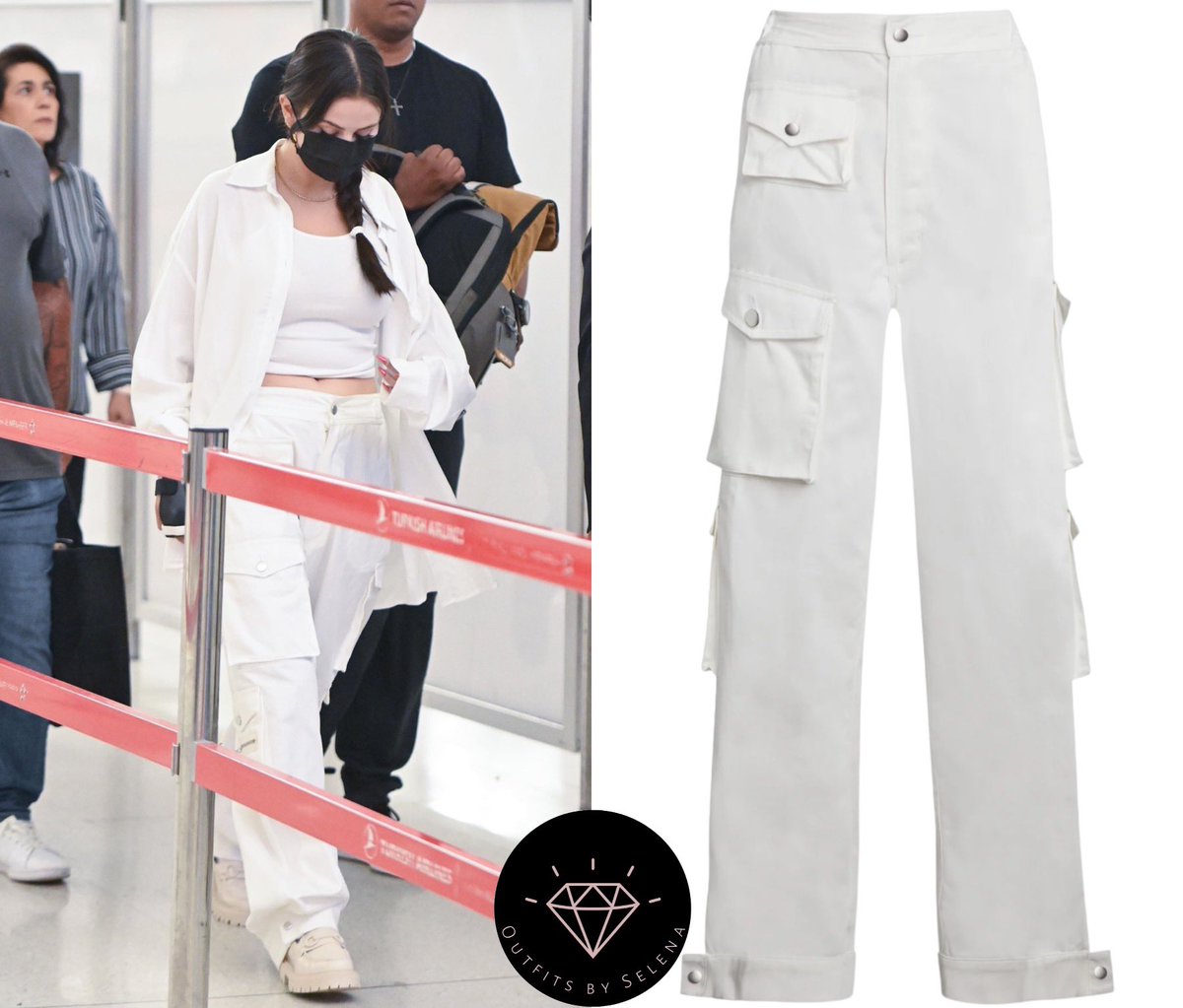outfitsbyselena's tweet photo. September 13, 2023 - .@SelenaGomez arriving at the JFK Airport in New York, NY
#SelenaGomez wearing a #AnineBing Dale Tank ($100), #EBDenim Cargo Pants ($495), #TheFrankieShop Kat Shirt ($125), Deia Lyre Large Hoop Earrings ($295). https://t.co/dDPNPiH6jz