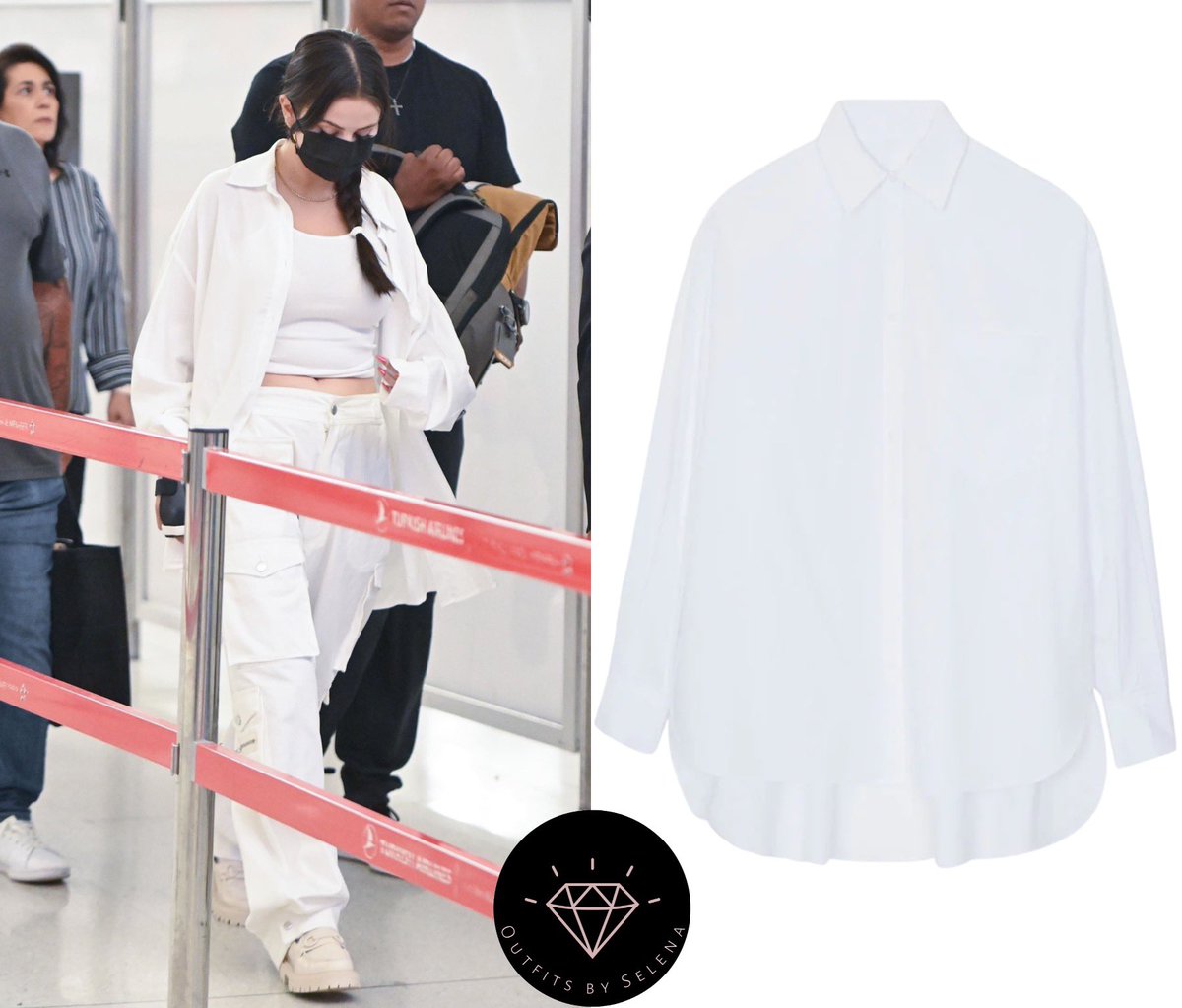 outfitsbyselena's tweet photo. September 13, 2023 - .@SelenaGomez arriving at the JFK Airport in New York, NY
#SelenaGomez wearing a #AnineBing Dale Tank ($100), #EBDenim Cargo Pants ($495), #TheFrankieShop Kat Shirt ($125), Deia Lyre Large Hoop Earrings ($295). https://t.co/dDPNPiH6jz