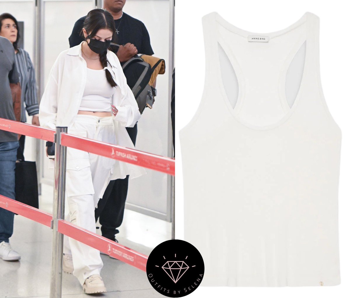 outfitsbyselena's tweet photo. September 13, 2023 - .@SelenaGomez arriving at the JFK Airport in New York, NY
#SelenaGomez wearing a #AnineBing Dale Tank ($100), #EBDenim Cargo Pants ($495), #TheFrankieShop Kat Shirt ($125), Deia Lyre Large Hoop Earrings ($295). https://t.co/dDPNPiH6jz