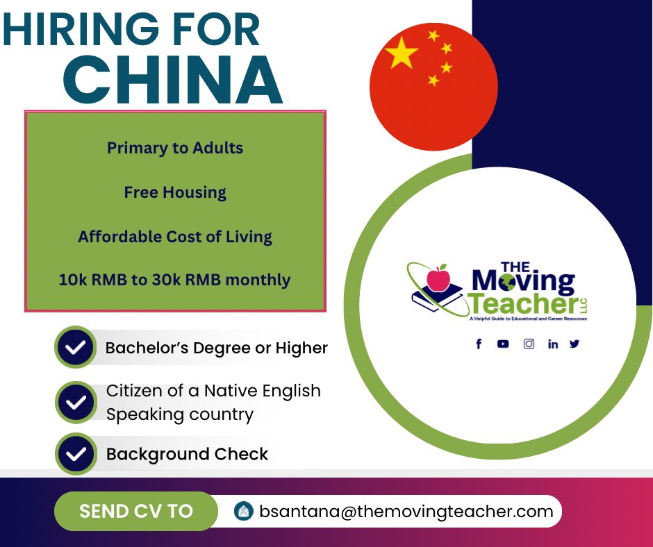 We need teachers from the US, UK, and Canada and from 20-45 years old. 🥳 Make sure to attach a professional headshot to your resume, which should be one page. Please send it to bsantana@themovingteacher.com  #TEFL #TeachingAbroad #Teacher #Educator #China