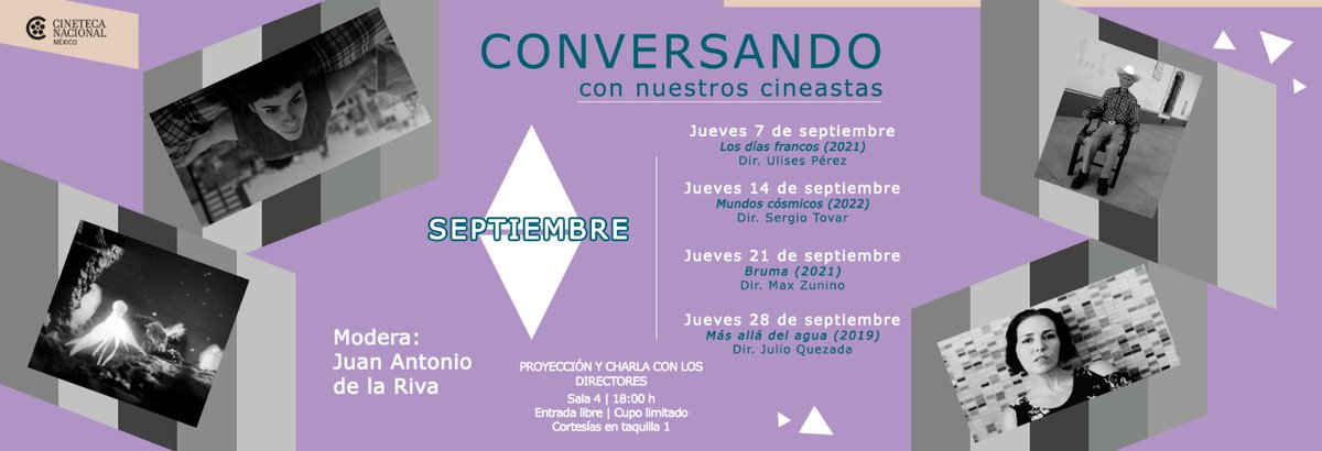 Hoy es jueves de Conversando con nuestros cineastas, y el próxmo Jue 28 de sep, exhibición de mi documental Más Allá del Agua por primera vez en CDMX en <a href="/CinetecaMexico/">Cineteca Nacional</a>  6pm, modera Juan Antonio de la Riva, nos vemos.