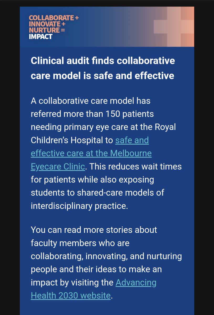 A pleasure to support this paediatric shared care service evaluation & audit project with @FloraHui, @RCHMelbourne and @UniMelbDOVS Melbourne Eye Care. Ophthalmology, optometry & orthoptics collaborating to develop these arrangements can help everyone! 🤗 mdhs.unimelb.edu.au/advancing-heal…