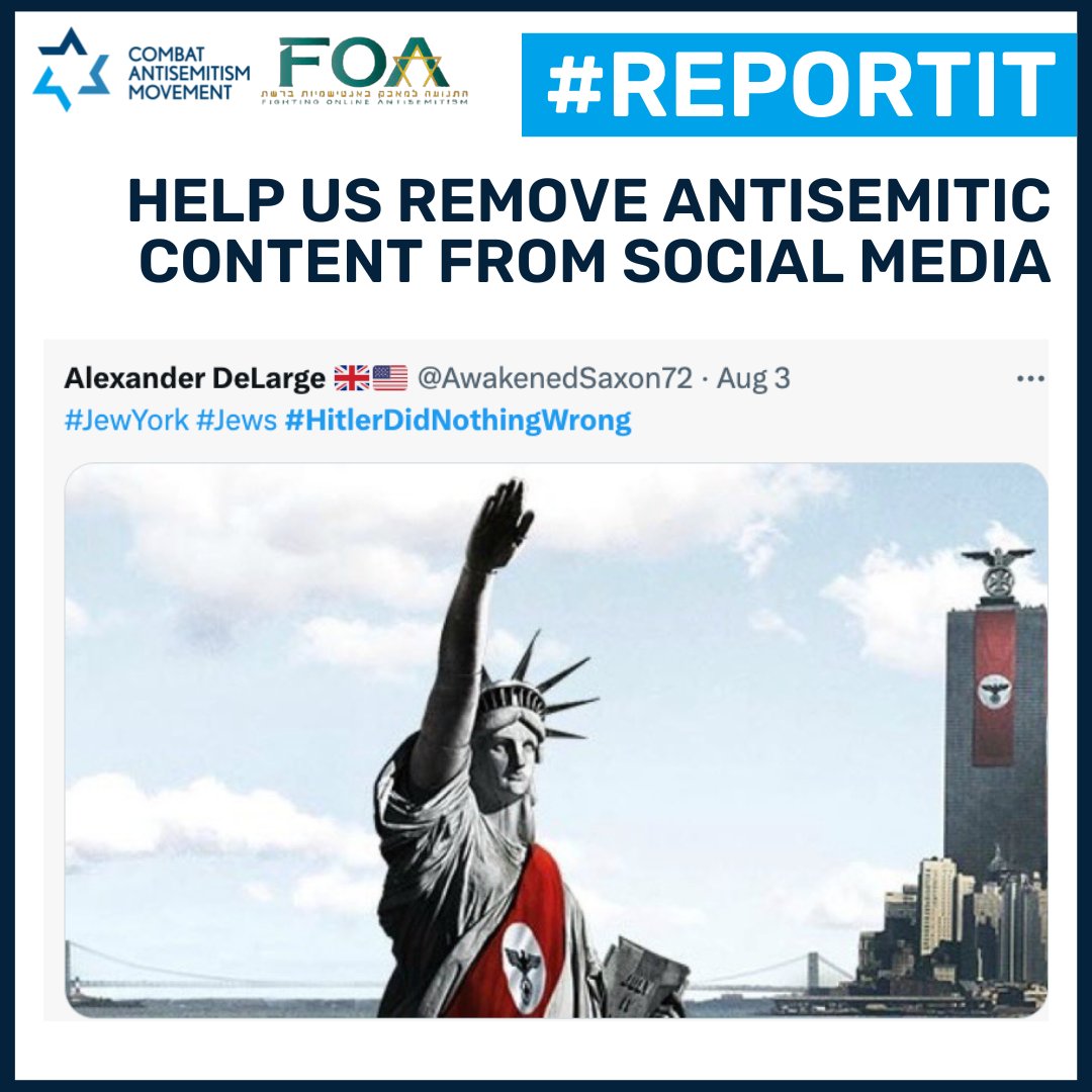 Antisemitic content continues to plague the internet, and we need your help to #ReportIt! Join us in the fight against antisemitism and make the online world a safer place.👇
reportit.combatantisemitism.org