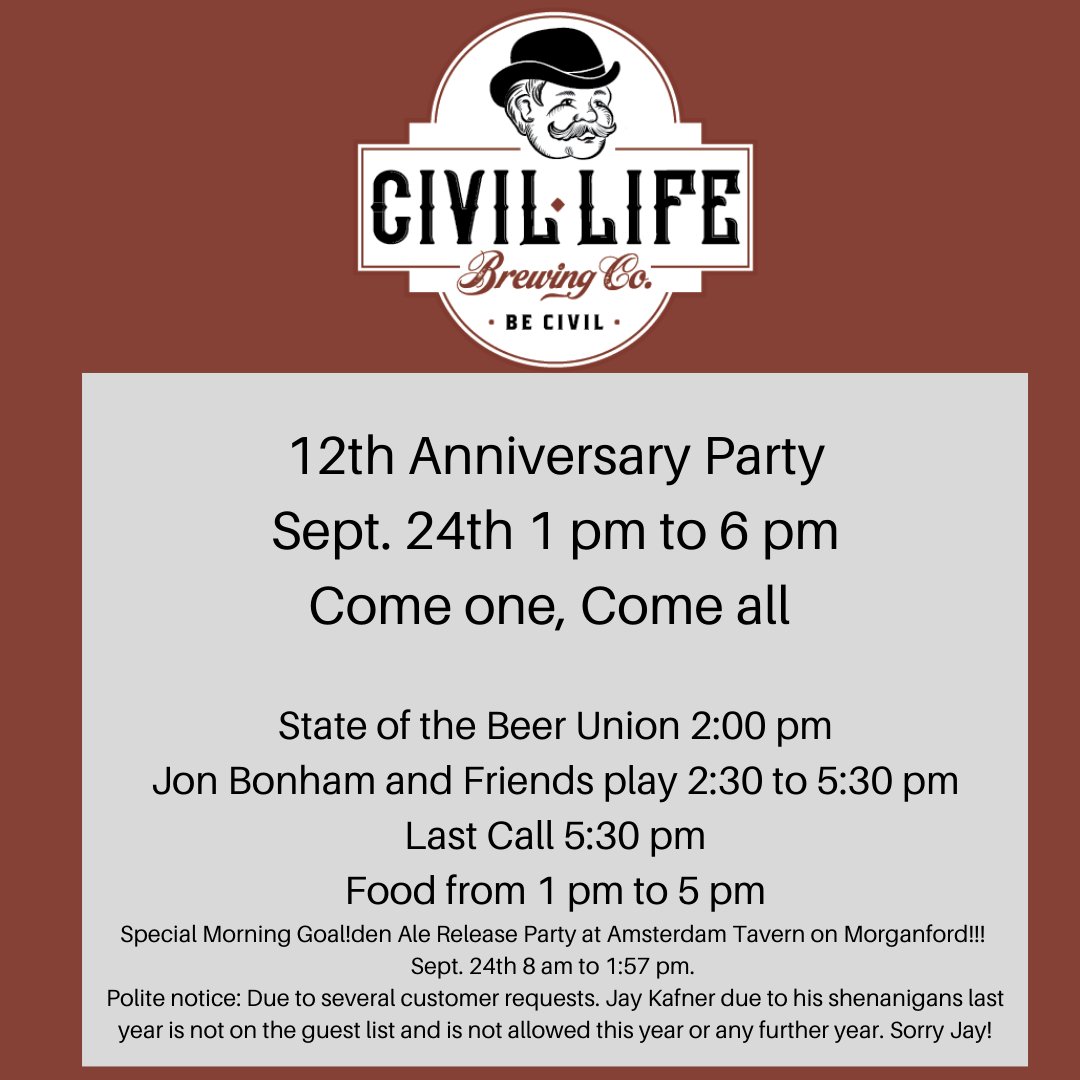 Come one, come all. Well almost everyone except Jay Kafner! Our super duper 12th Anniversary Party is around the corner. Sept 24th 1 to 6 pm! State of the Beer Union is at 2 pm!