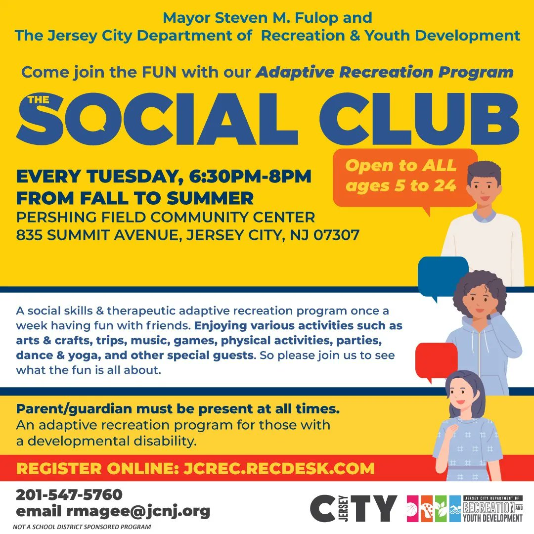 JerseyCity's tweet image. Calling ALL PEOPLE OF ALL ABILITIES… Starting October 3rd the Social Club returns for another fun, new, and exciting adventures. Activities range from bowling, arts &amp;amp; crafts, holiday parties, snacks, games, and so much more. Go to buff.ly/2Tn8p4v to register today.