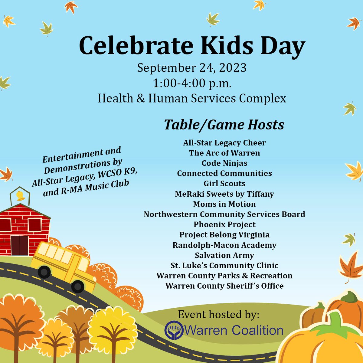 We have 15 organizations coming to join us for Celebrate Kids Day! To be a part of the fun, each one has been asked to set up a game or activity for kids. (And that's on top of the inflatables, petting zoo, pony rides, face painting, and pumpkin painting!)