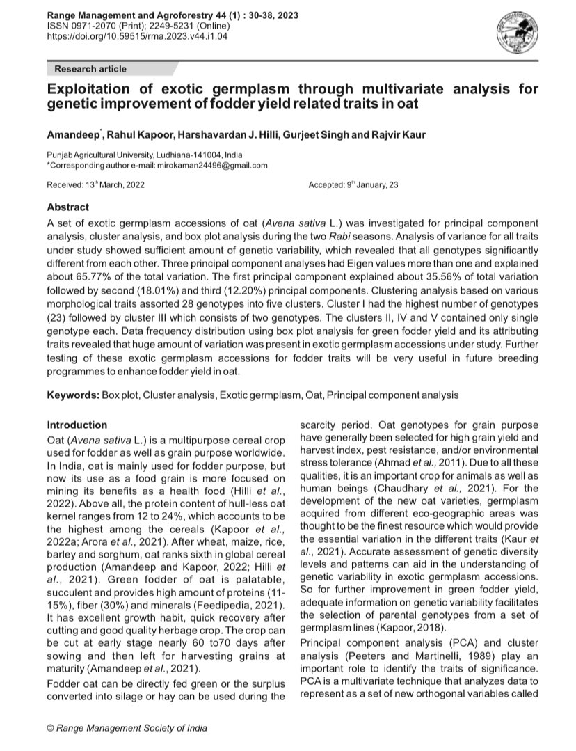 Gurjeet_AgSci's tweet image. Thrilled to announce our latest article published in Range Management and Agroforestry (IF:0.58)

Heartily Congratulations to all authors @amandeep_pbg @RahulKapoorphd @harshajh1995 

See link: publications.rmsi.in/index.php/rma/…

#teamworkmakesdreamwork 
#collaborationbetterthenCompetition