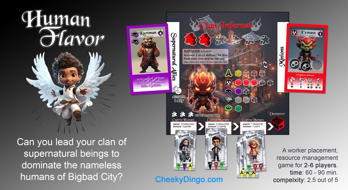 CheekyDingo's tweet image. This weekend at B-Con. I&apos;ll be demoing HUMAN FLAVOR  . . . .  #cardgames #dicegames #boardgame #tabletopgames #meeple #dice #prototype #playtest #cute #supernatural #vampire #werewolf #undead #angels #demons #devils #fairy #fey #celestial #infernal #snacks #horror #chibi #cute