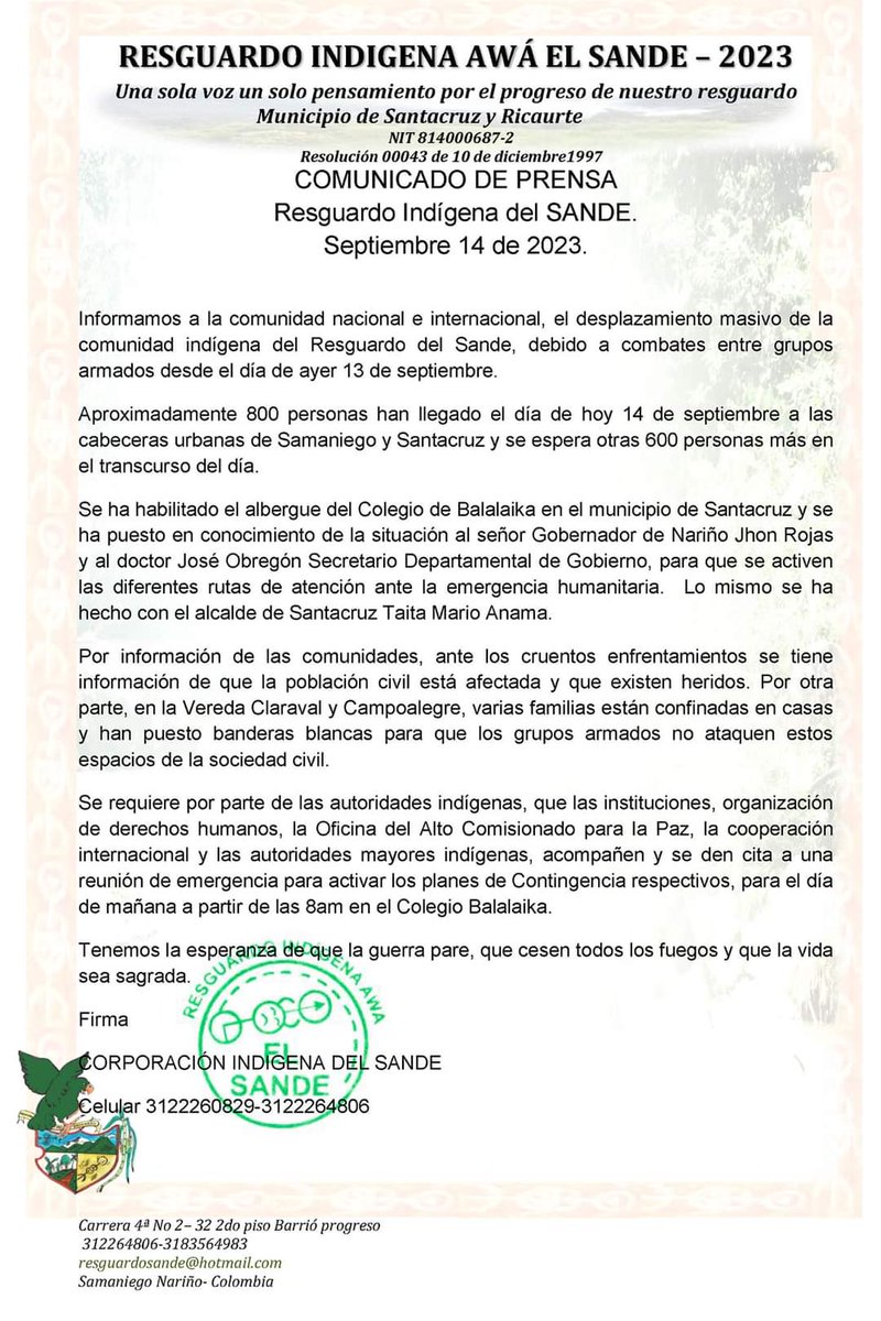 🚨 Urgente: Los enfrentamientos en los municipios de Santa Cruz y Ricaurte persisten necesitan atención inmediata del #Gobierno Nacional. 

Reiteramos nuestro llamado  a las autoridades para que tomen medidas decisivas a favor de un #cesealfuego. La situación es crítica y se
