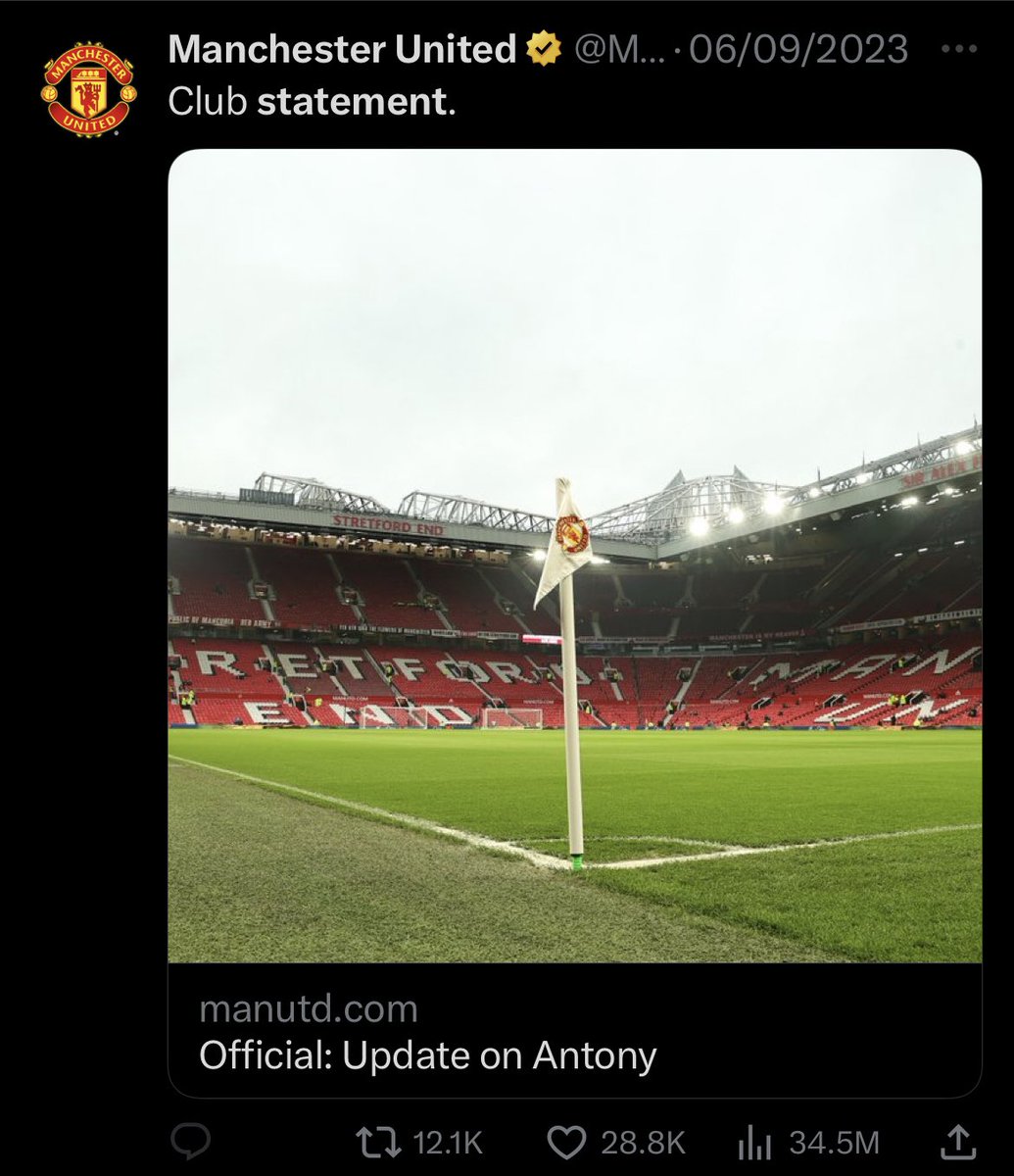 AliceTalksFooty's tweet photo. Man Utd in 2023:
Away wins in the league: 3
Club statements: 5

Saw someone post this, thinking it was a lie, then went to check, and it’s actually true 😭

Statements:
1. Sancho will no longer be part of first time (14/09).
2. Antony on mutual leave while accusations ongoing (10/09).
3. Nothing statement basically saying they were aware of the Antony domestic abuse accusations/photos. (06/09)
4. Update to confirm Greenwood U-turn and is now leaving (21/08).
5. Addressing leak that showed they planned to bring Greenwood back (16/08).

Away wins😭
1. Bournemouth (20/05).
2. Forest (16/04).
3. Leeds (12/02).

We really are statements FC😭

Really in need of a fresh start with new owners now more than ever #glazersout!