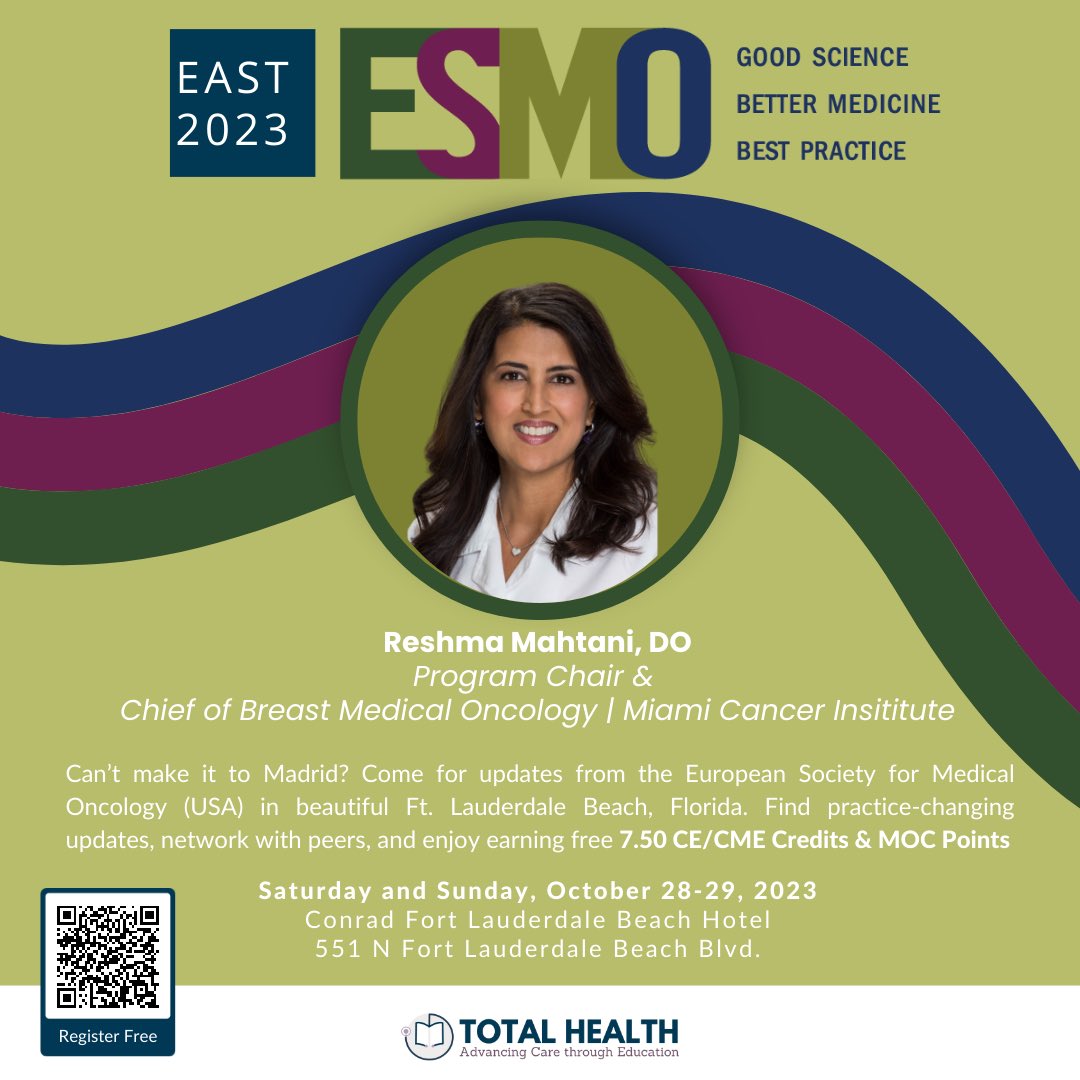 I look forward to chairing ⁦@TotalHealthConf⁩ #ESMO East Conference at the Conrad Fort Lauderdale Beach Oct. 28-29, 2023. Join me as we take a deep dive to break down the most clinically relevant information! Earn 7.50 CME/CE Credits totalhealthoncology.com/esmoeast #Meded #ESMO
