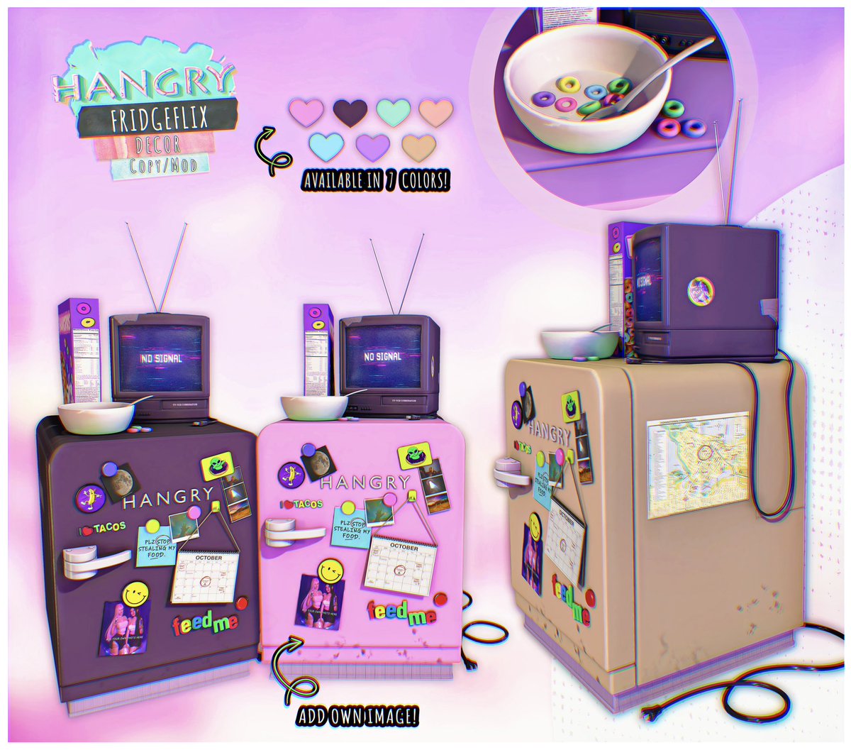 hangry_sl's tweet image. Hangry // Fridgeflix

▷ Copy / Mod
▷ Decor only
▷ Available in 7 colors
▷ Able to put your own image on two of the photos on fridge

Coming to Kustom9 - September 15th! 
▷▷ K9: maps.secondlife.com/secondlife/kus… #hangry #kustom9 #seconslife
