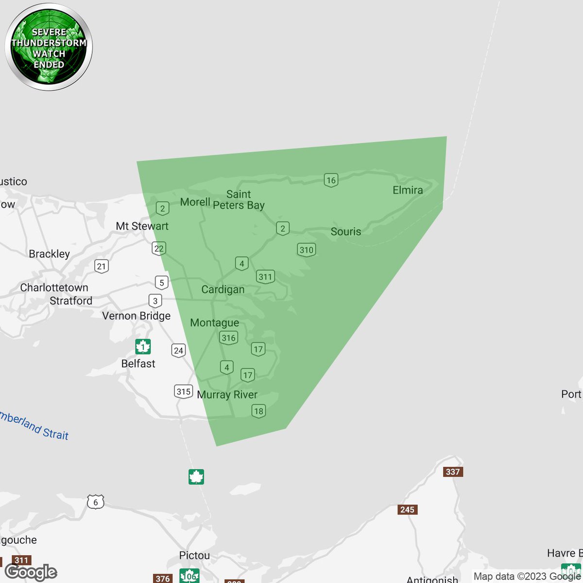 IWeatherPEI's tweet photo. #pestorm 7:08p SEVERE THUNDERSTORM WATCH ENDED by Environment Canada

Kings County P.E.I.

https://t.co/oKRt9URVrT https://t.co/W6DFcInj8Y