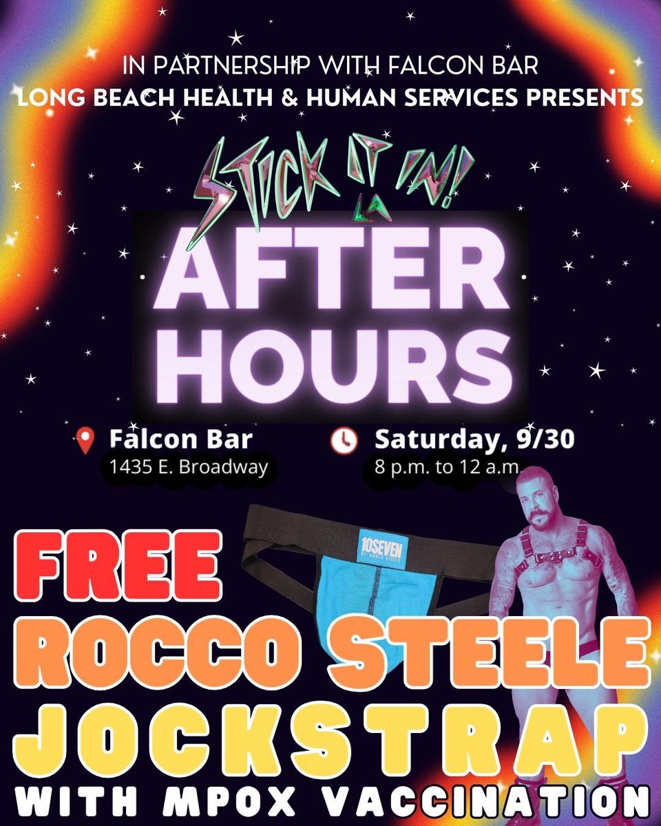 join us as we partner with <a href="/LongBeachCity/">City of Long Beach</a> for STICKITIN.LA After Dark at Falcon Bar in Long Beach!!!
Get a FREE <a href="/RoccoSteeIeNYC/">ROCCO STEELE</a> <a href="/X7underwear/">10sevenunderwear</a> with your MPOX Vaccination on Saturday, Sept 30 from 8pm-Midnight