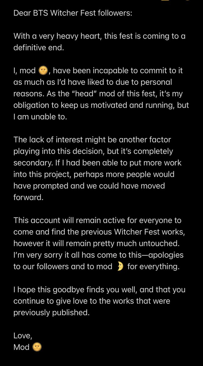 WitcherFest's tweet photo. An important message from mod 🌞.

Sending you all much love and gratitude for everything 💛

Please, read 👇 https://t.co/uG5uev0rLg