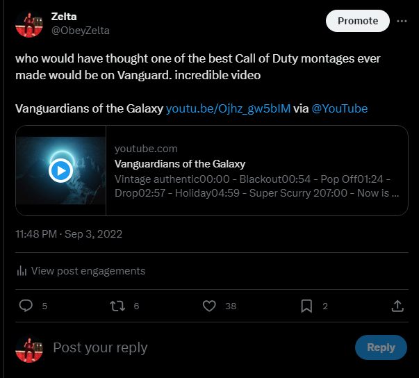 1 year ago I was in disbelief at one of the best montages ever being made on Vanguard, and 1 year later they do it again on MWII. These guys are truly unreal at what they do, give this video a watch right fucking now if you haven't already  

To the Clouds youtu.be/ll2Gque-_tw?si…