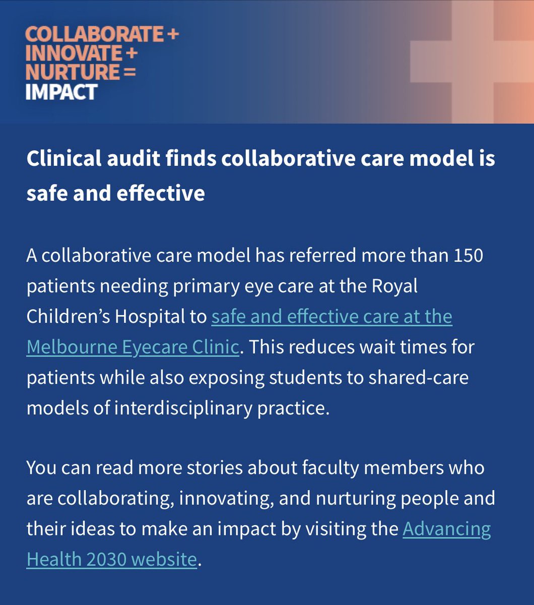 Proud to be part of this clinical audit showcasing collaborative care models between optometry & ophthalmology can be safe and effective with excellent patient care. Thanks to the amazing team @MPOrthoptics, Andrew Huhtanen @UniMelbDOVS & @RCHMelbourne 📰: mdhs.unimelb.edu.au/advancing-heal…