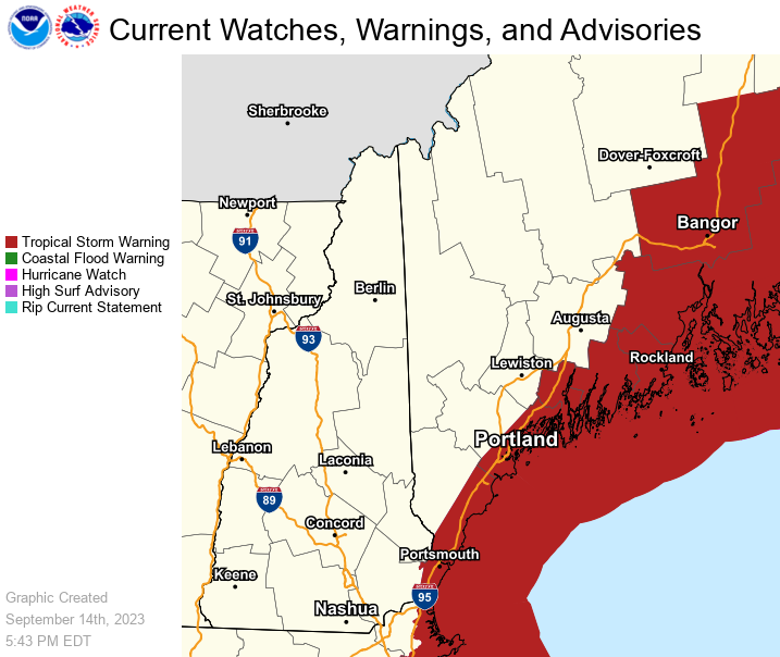 NWSGray's tweet photo. Dry conditions continue tonight and through the day tomorrow before rain moves in tomorrow night. Tropical Storm Warnings have been issued for our area ahead of expected impacts from Hurricane Lee. Stay tuned to the latest local and National Hurricane Center forecasts #MEwx #NHwx https://t.co/yij7Dr02xI