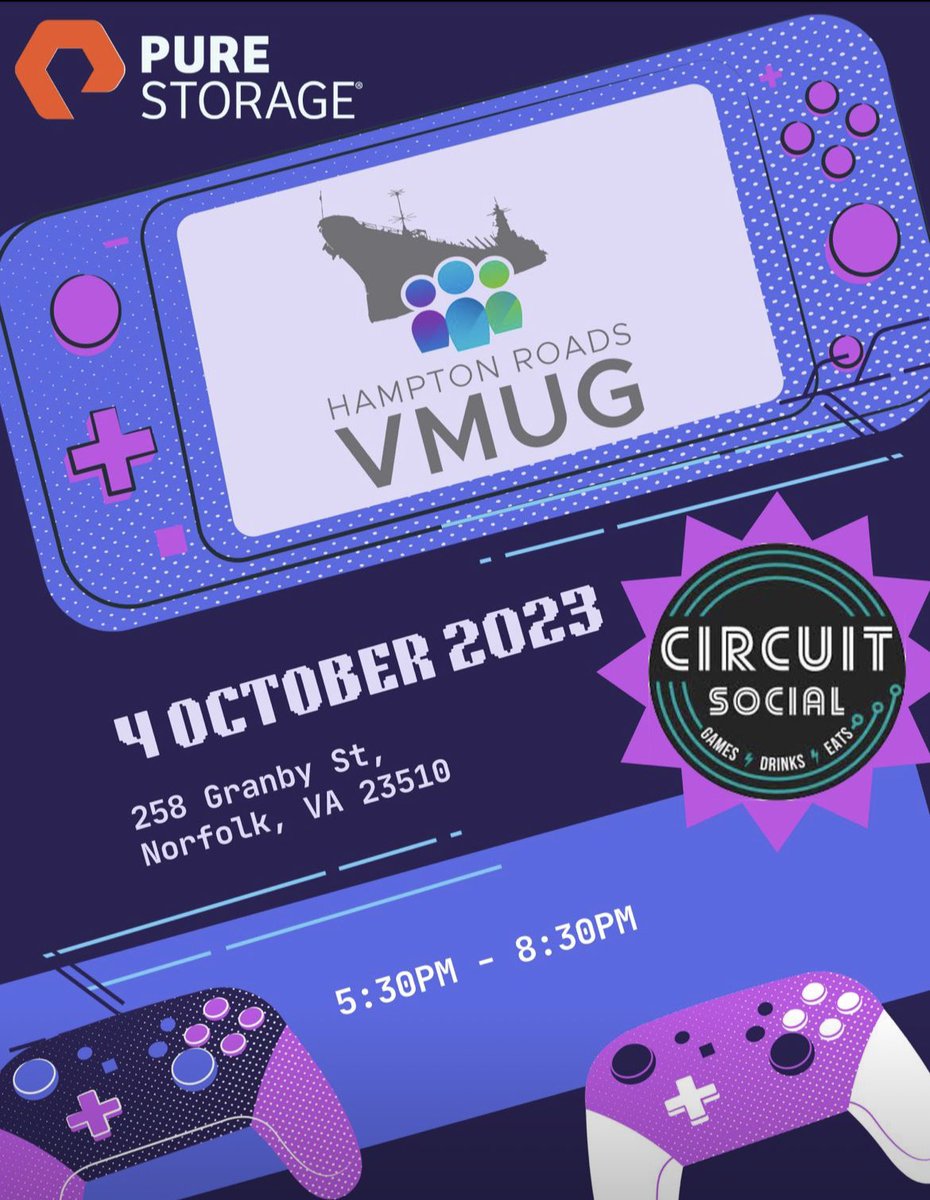 Come out to Circuit Social in downtown Norfolk and get your game on with <a href="/HRVMUG/">Hampton Roads VMUG</a> and <a href="/PureStorage/">Pure Storage</a>!

tinyurl.com/HRVMUG10-4