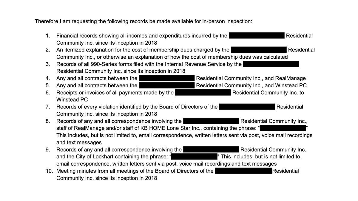 DylanBaddour's tweet photo. Today I learned ✨HOAs are subject to open records requests under TX Property Code §209.005✨

I only learned that because my HOA hired @WinsteadPC to force removal of my front garden

So I filed this request (redacted for PII) and plan to publish my findings for the neighbors https://t.co/znMgWFcdVZ