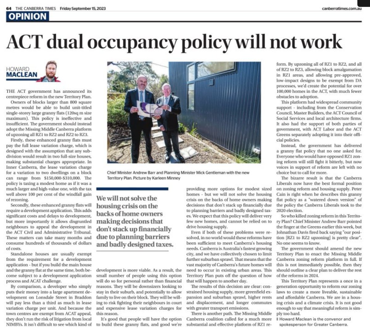 Words from me in <a href="/canberratimes/">Canberra Times</a> this morning. the new RZ1 dual occupancy policy won't work. Not just because it's insufficient (it is), but because the technical details of implementation will lead to a very poor take up. 

canberratimes.com.au/story/8349069/…