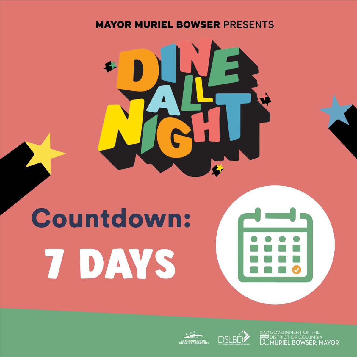 Countdown: 7️⃣ days! 🗓️

We are one week away from the start of <a href="/MayorBowser/">Mayor Muriel Bowser</a>’s premiere culinary arts showcase, #DineAllNight! 🍽️

From September 21 - October 1, be prepared for a delightful journey through the vibrant flavors of DC's culinary landscape. dcartallnight.org