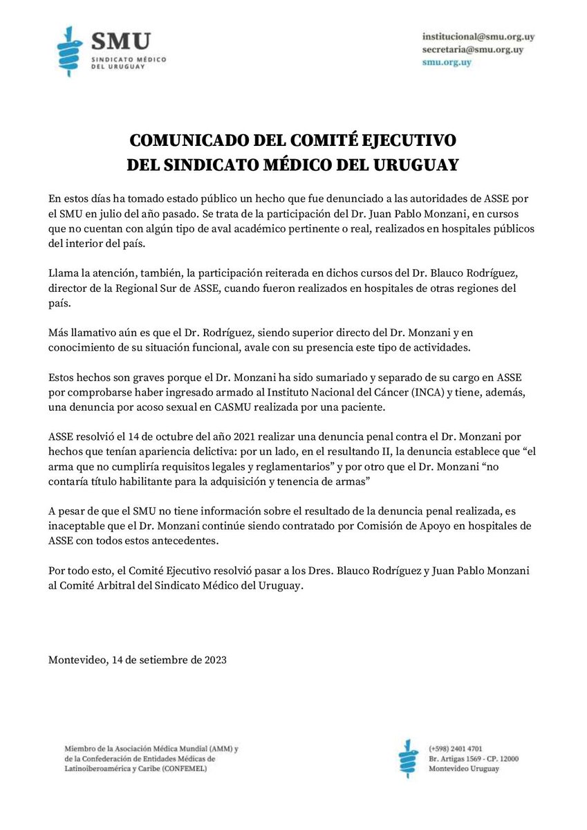 smuruguay's tweet photo. 📢 #COMUNICADO del Comité Ejecutivo del Sindicato Médico del Uruguay. https://t.co/KR9FukHHhA