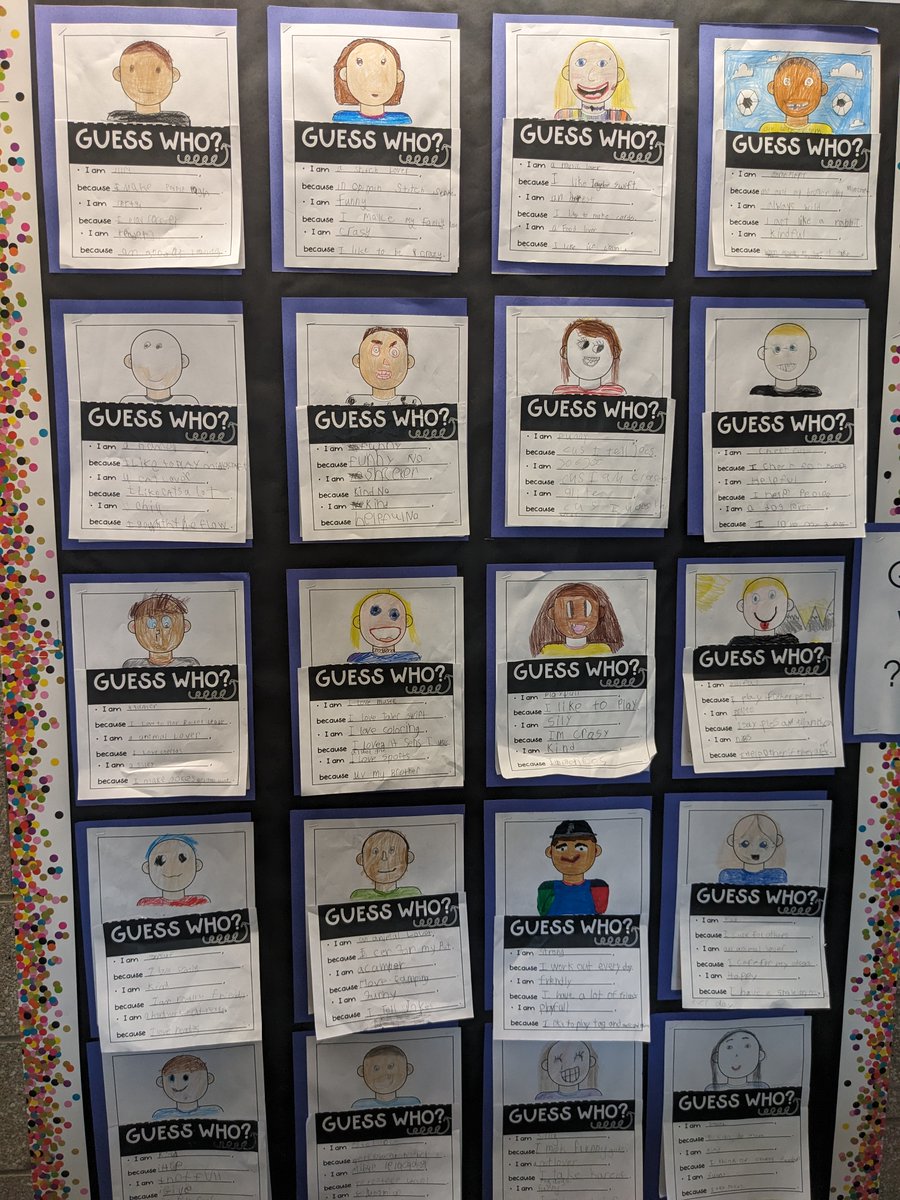PSD_RiceElem's tweet photo. Check out a few of our 3rd &amp; 4th grade bulletin boards! Students are sharing their "genius" and getting to know their classmates through "Guess Who?". We are a school which believes that every Raptor belongs here in our nest! #RiceTogetherWeSOAR #PSDStrong https://t.co/16LuBg6DrY