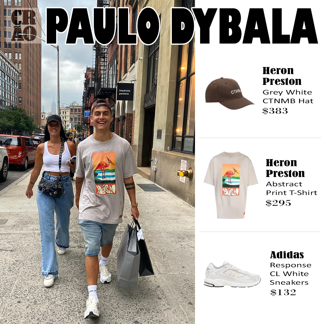 OfcaroStyle's tweet photo. Paulo Dybala wearing :
.
.
. @heronpreston Grey White CTNMB Hat ($383)
.
. @heronpreston Abstract Print T-Shirt ($295)
.
. @adidas Response CL White Sneakers ($132)
.
.
#heronpreston #hat #printtshirt #adidas #adidasfootball #adidassneakers #adidasshoes #argentina #roma #football https://t.co/WZkt0L2daz