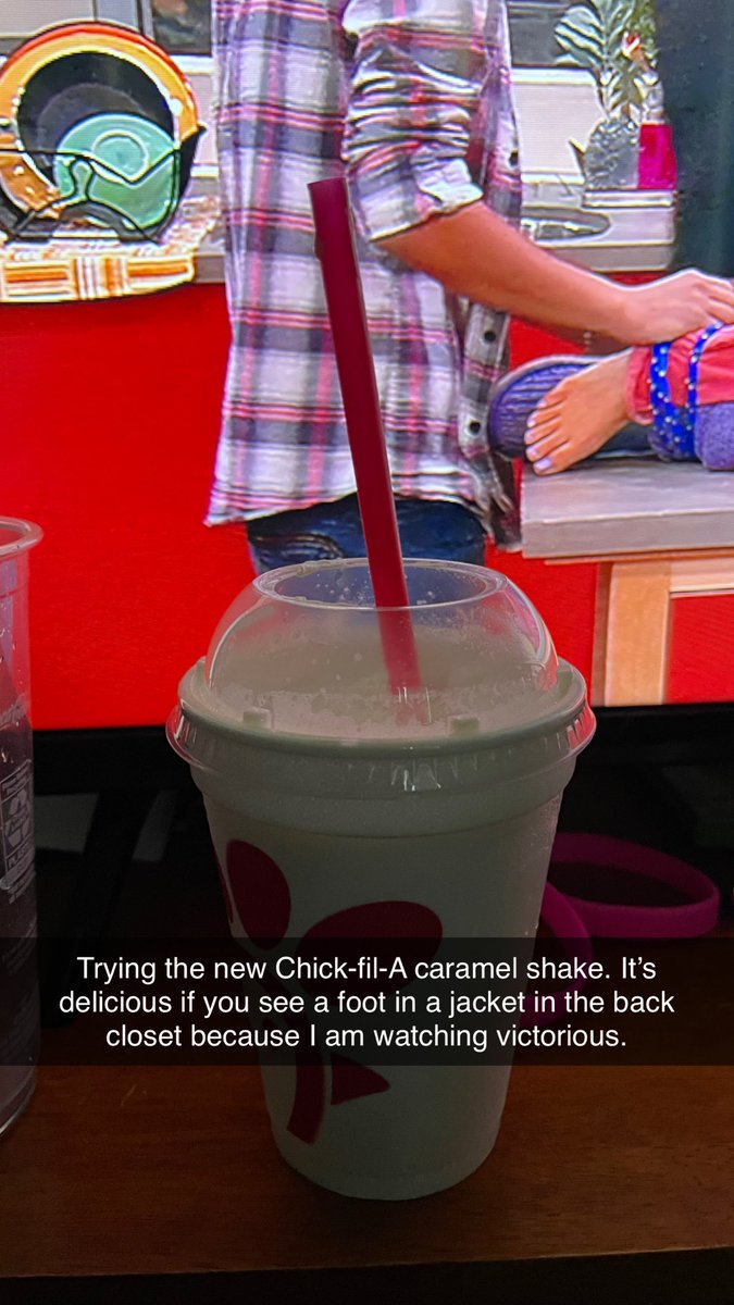 nickyjohn1995's tweet photo. Trying the new Chick-fil-A caramel shake. It’s delicious if you see a foot in a jacket in the back in the background because I am watching victorious. https://t.co/UnVVbRf1eE
