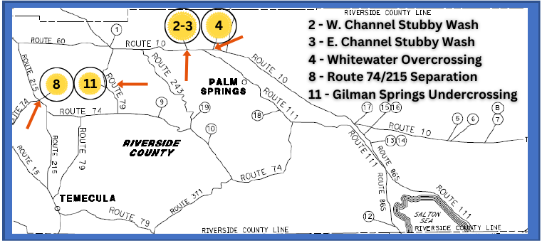 Caltrans8's tweet photo. RIV: Various bridge upgrades in RIVCO taking place at the SR-74/I-215 separation, SR-79 at Gilman Springs Rd. and the I-10 near #Whitewater & #PalmSprings. Traffic control in effect. Plan ahead! #SanJacinto #Hemet #Romoland #Caltrans8 See alert! https://t.co/mVgx1VuHRg https://t.co/bSZrGu72MY