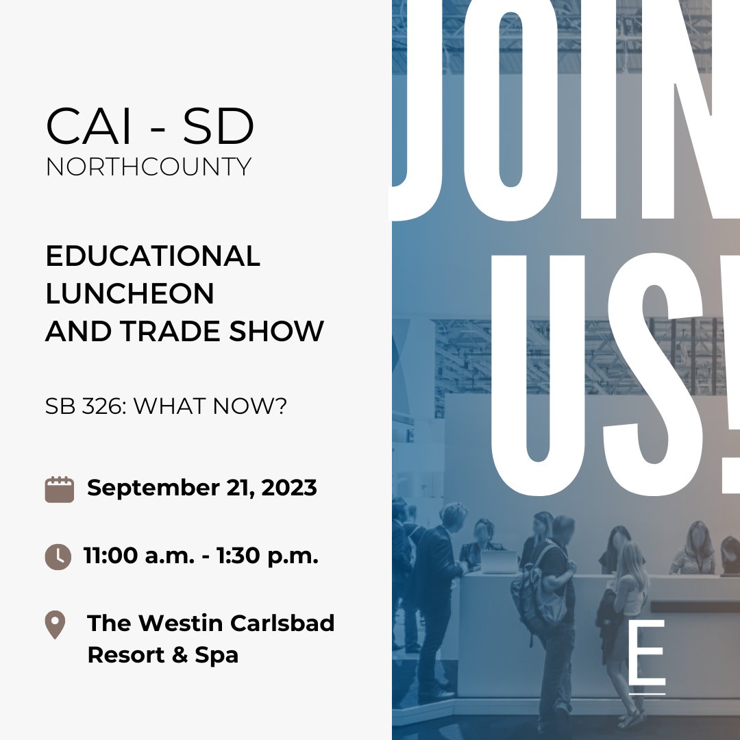 EpstenAPC's tweet image. We are a proud #sponsor of the upcoming @CAISanDiego North County Educational Luncheon and Trade Show. Be sure to stop by our booth and say hello! #EpstenAPC #CAISD #LawFirm #HOAEvents