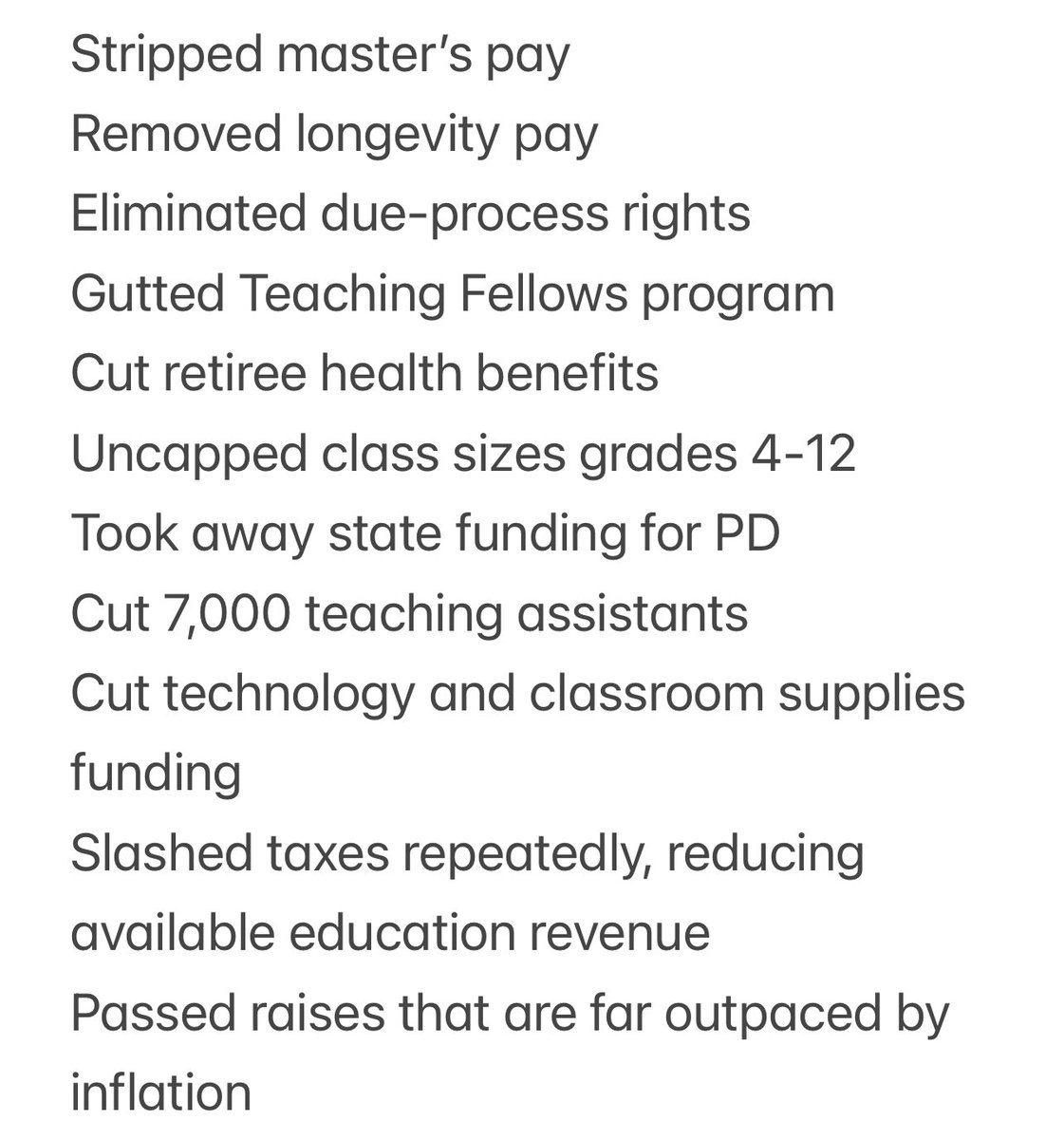 This is the result of the North Carolina Republican Party’s decade-long campaign to dismantle public schools.  

Here’s a partial list of policies they’ve enacted to shatter our teacher pipeline. #nced #ncpol #ncga